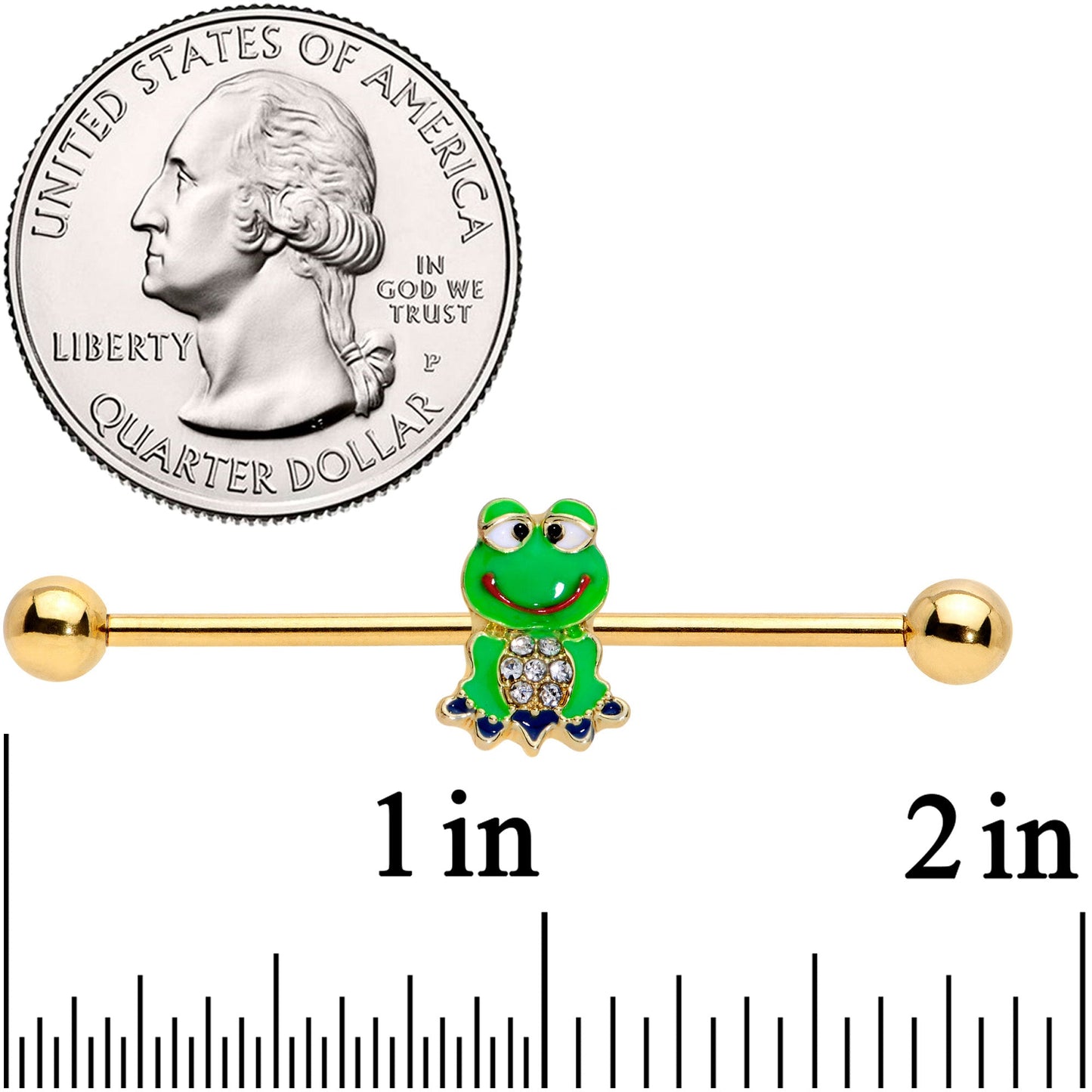14G Clear Gem Gold Tone Green Goofy Frog Industrial Barbell 38mm