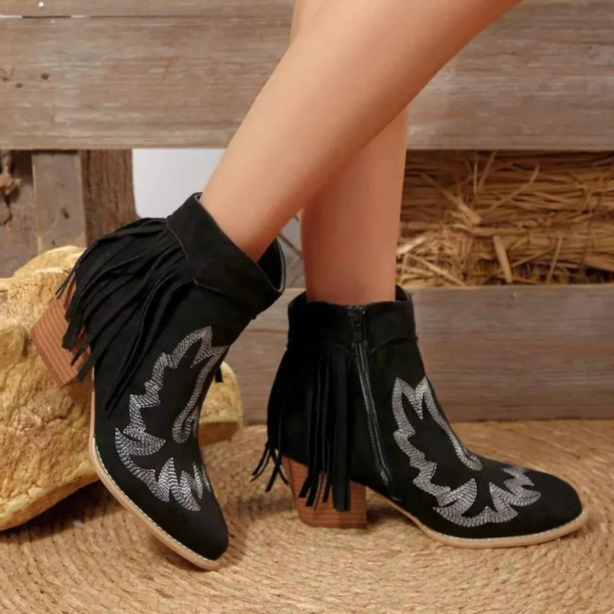 Western Fringe Point Toe : Block Ankle Heel Boots