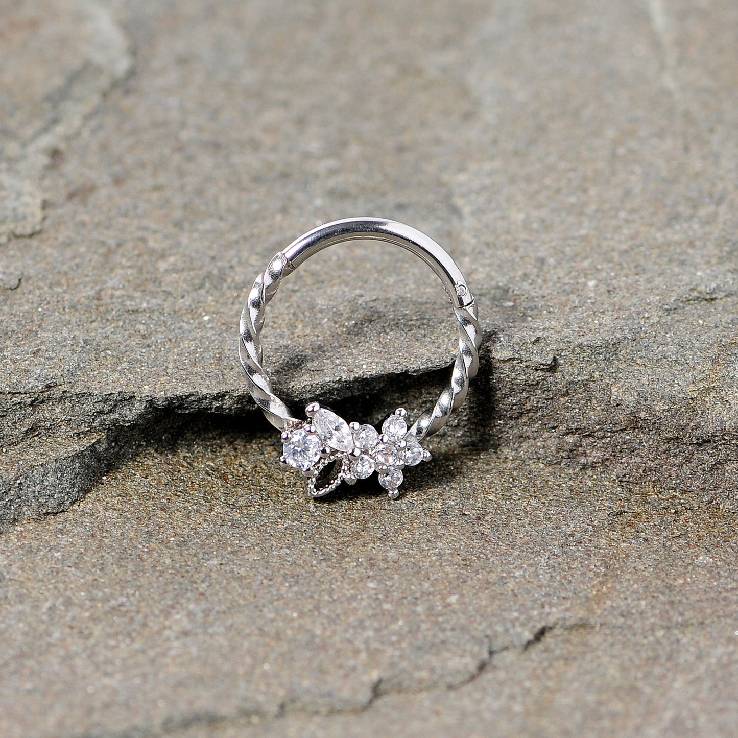 16G 3/8 Clear Gem Star Twisted Hinged Segment Ring