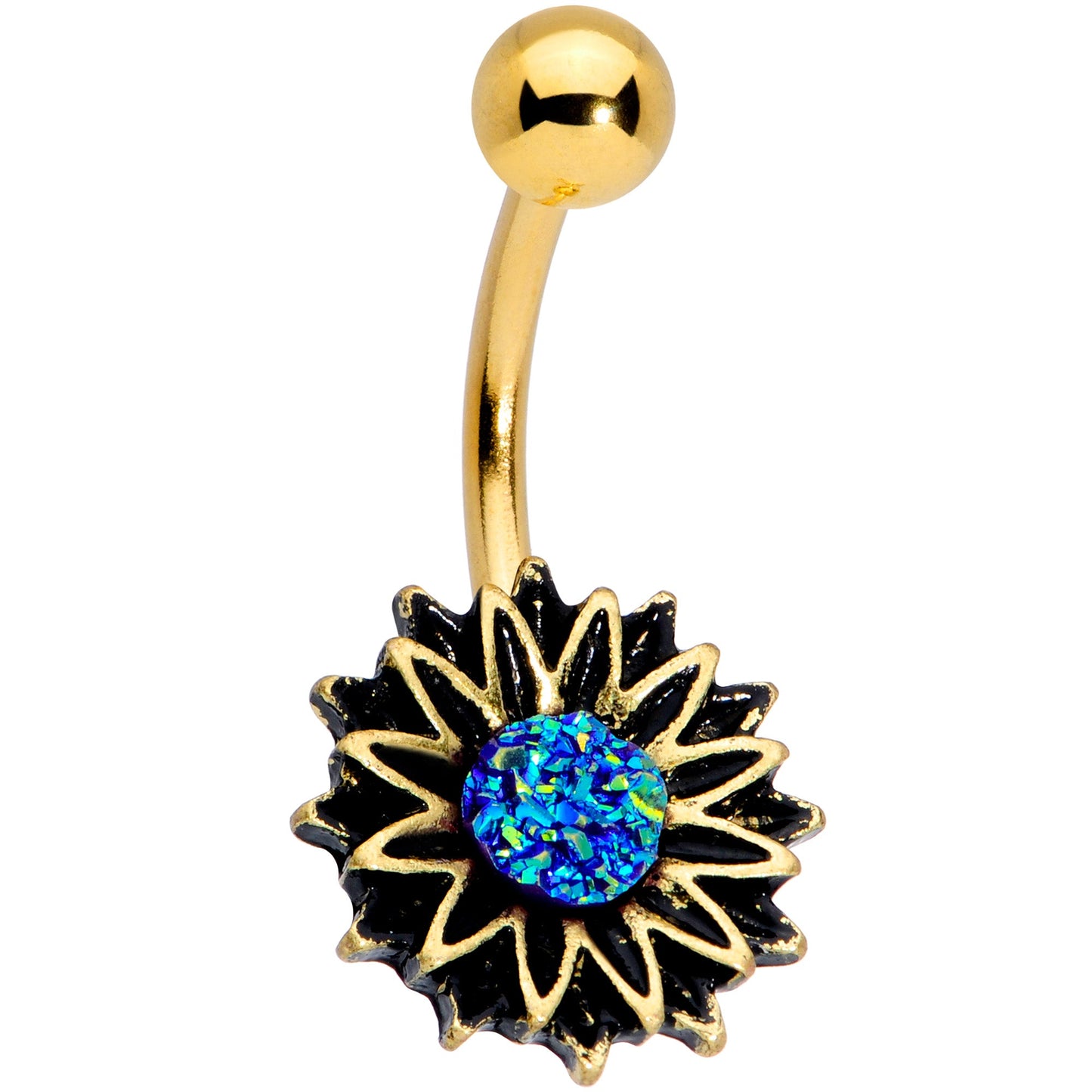 Gold Tone Aqua Center Sunburst Flower Belly Ring