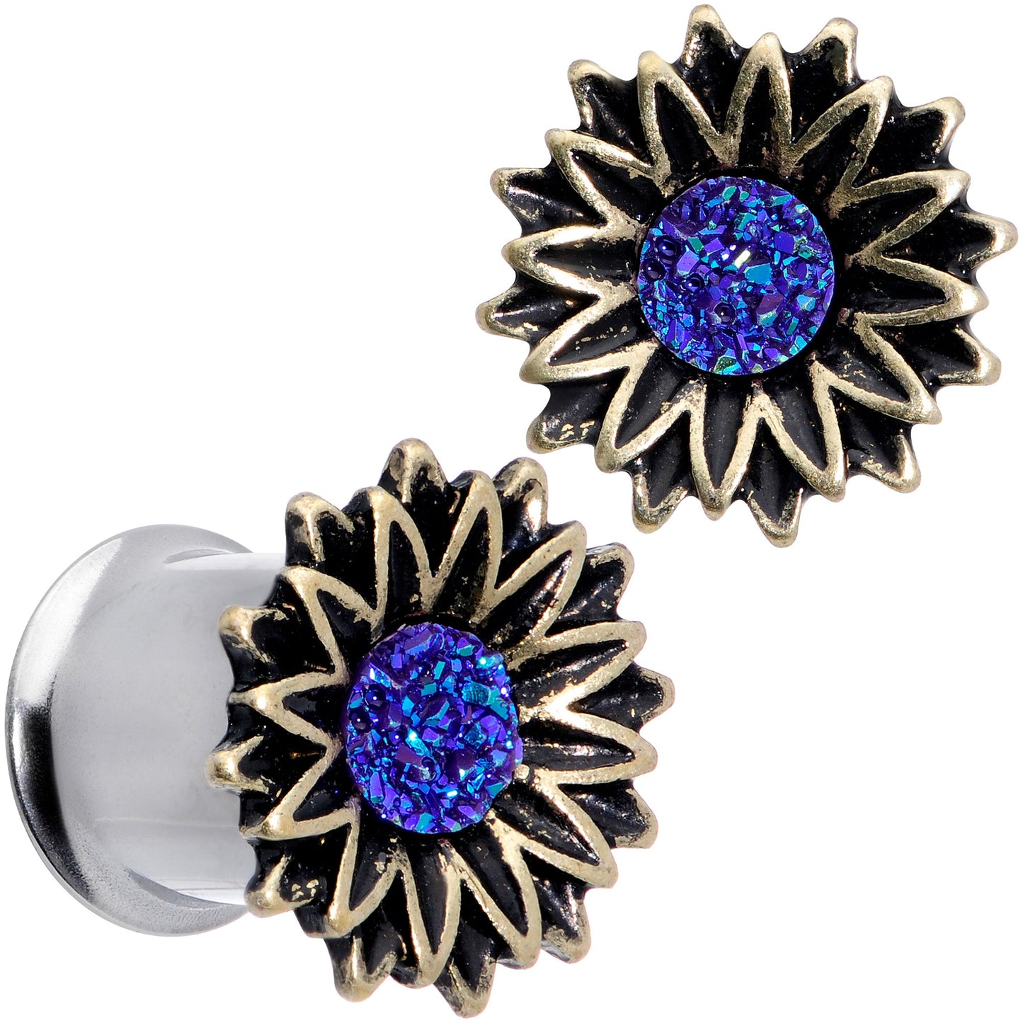 Blue Faux Druzy Sunburst Flower Double Flare Plug Set 2G to 1"