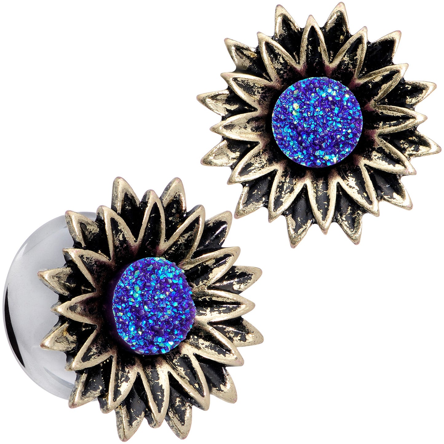 Blue Faux Druzy Sunburst Flower Double Flare Plug Set 2G to 1"
