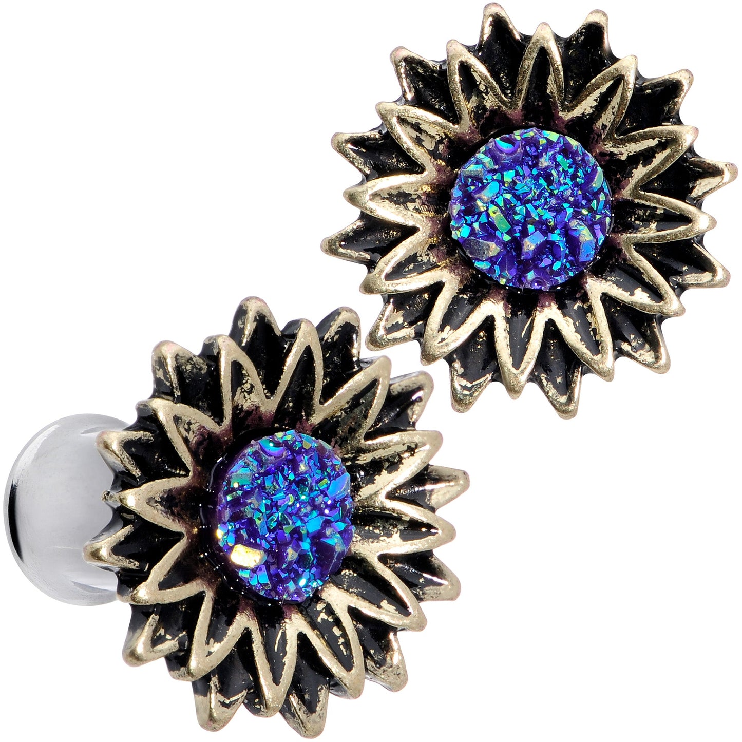 Blue Faux Druzy Sunburst Flower Double Flare Plug Set 2G to 1"