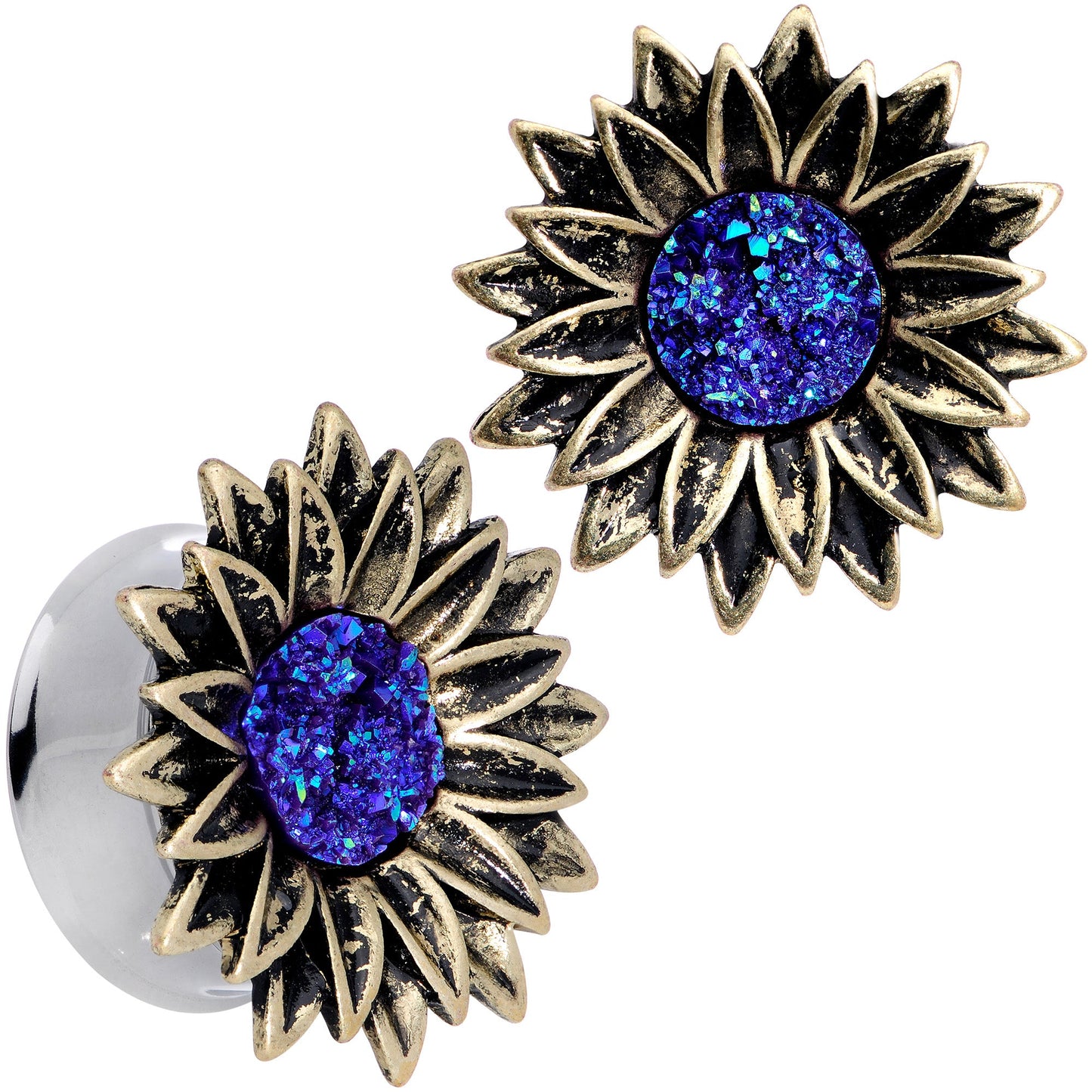 Blue Faux Druzy Sunburst Flower Double Flare Plug Set 2G to 1"