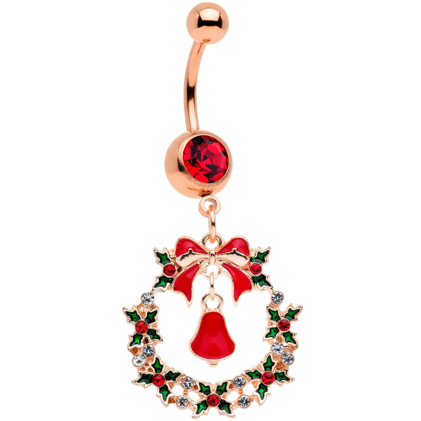 Red Gem Rose Gold Tone Holiday Wreath Christmas Dangle Belly Ring