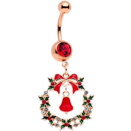 Red Gem Rose Gold Tone Holiday Wreath Christmas Dangle Belly Ring