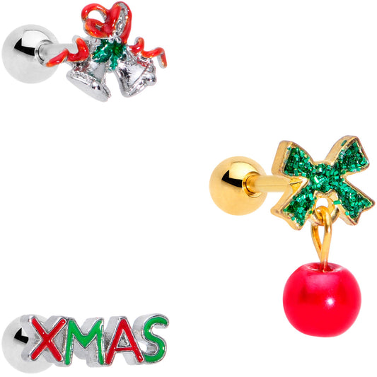 16G 1/4 Merry Christmas Cartilage Tragus Set of 3