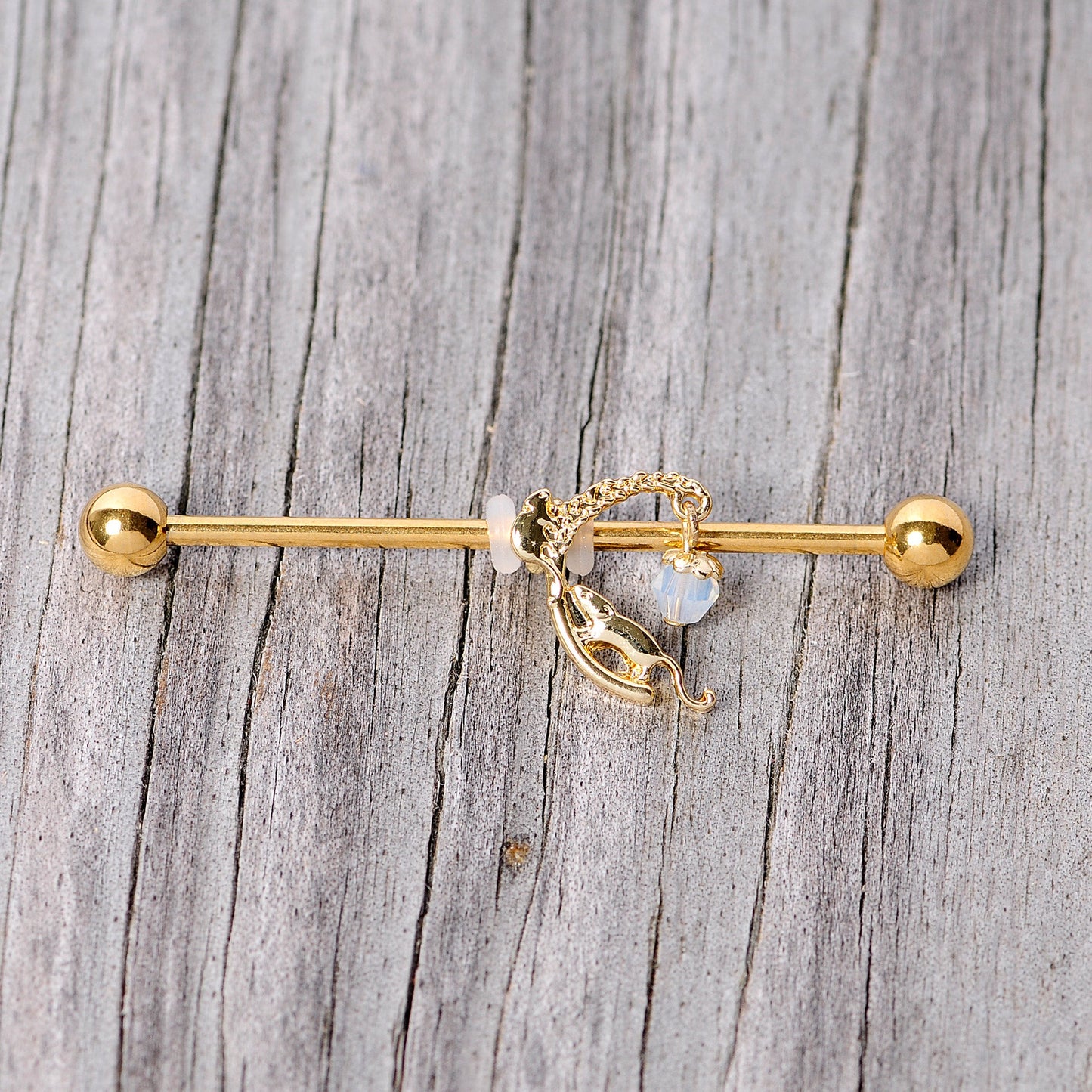 14G Clear Gem Gold Tone Mouse Moon Industrial Barbell 38mm