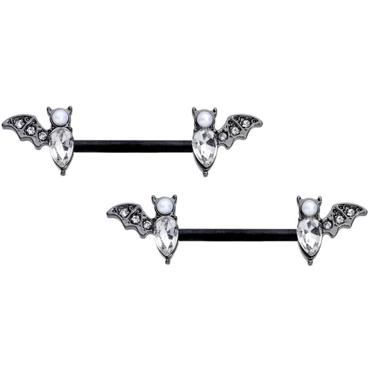 14G 9/16 Clear Gem Black Bat Halloween Barbell Nipple Ring Set