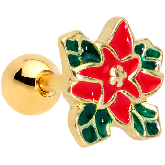 16G 1/4 Gold Tone Poinsettia Christmas Cartilage Tragus Earring