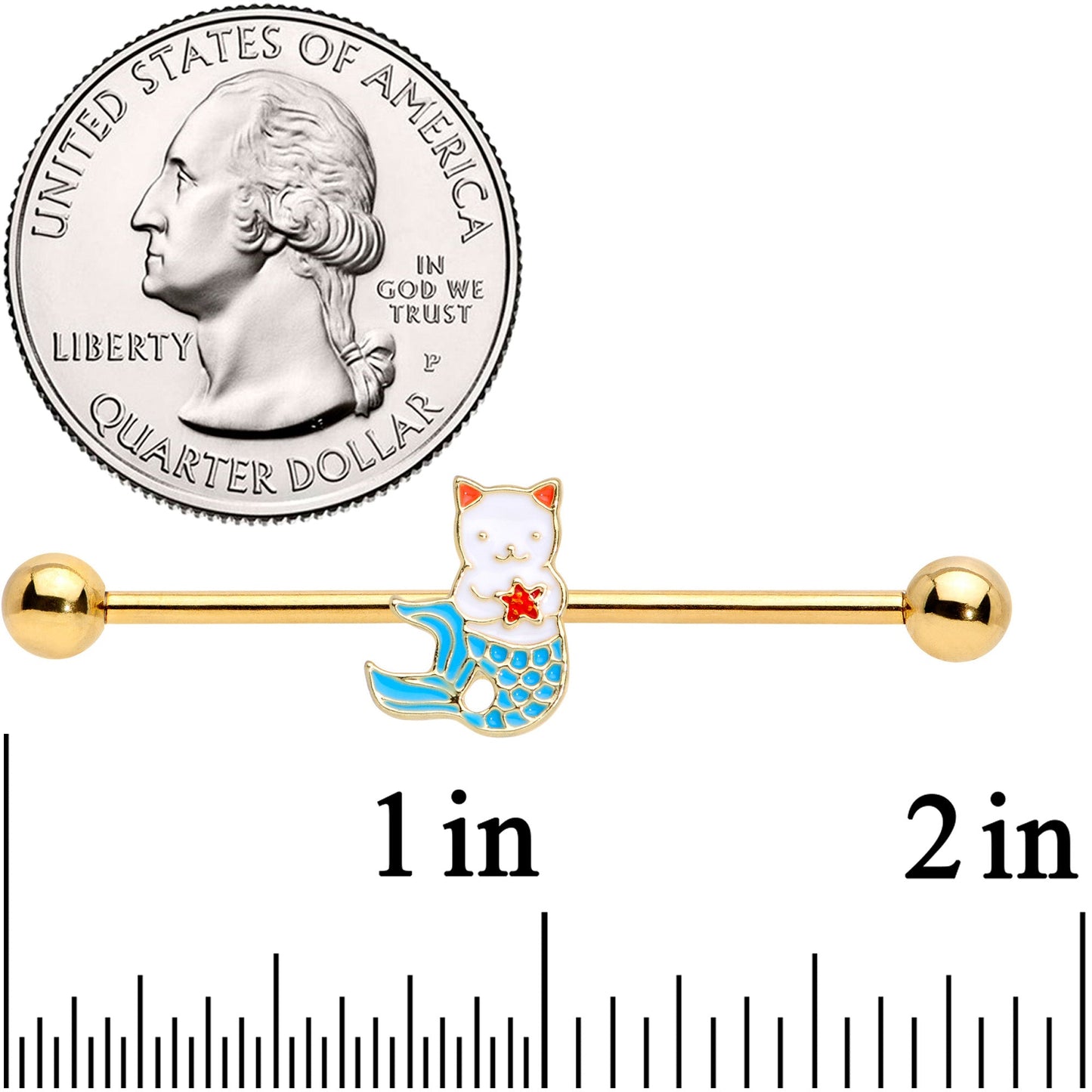 14G Gold Tone Blue White Mermaid Cat Industrial Barbell 38mm