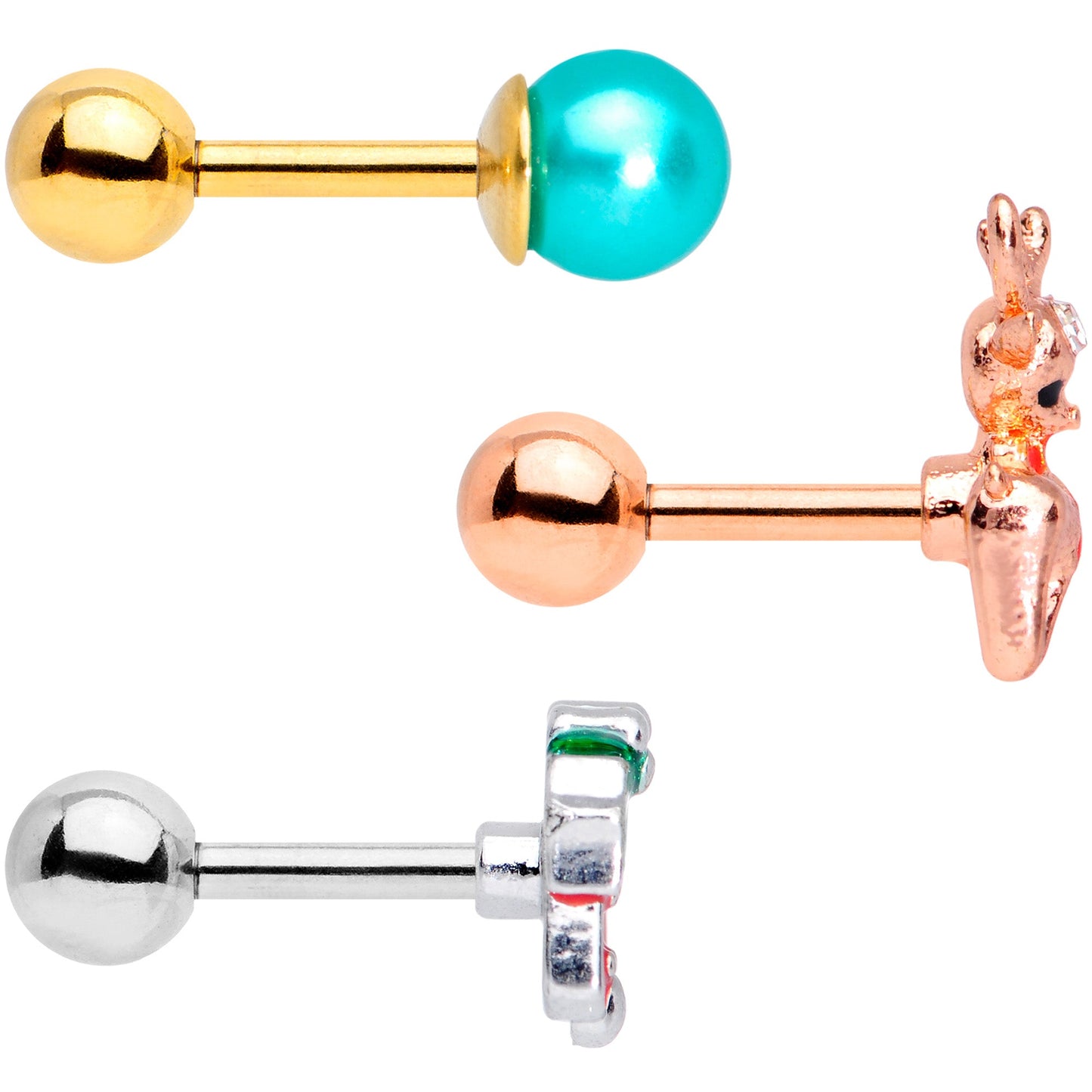 16G 1/4 Rose Gold Tone Deco Christmas Cartilage Tragus Set of 3