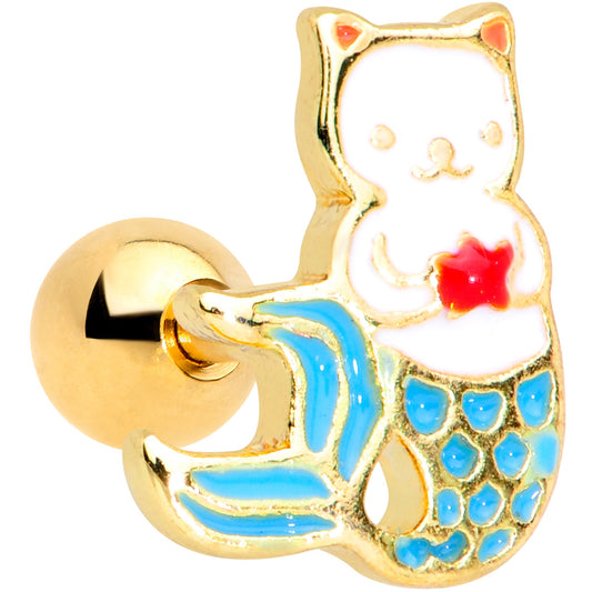 16G 1/4 Gold Tone Blue White Mermaid Cat Cartilage Tragus