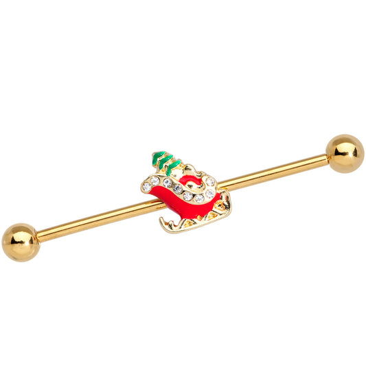 14G Clear Gem Gold Tone Sleigh Christmas Industrial Barbell 38mm