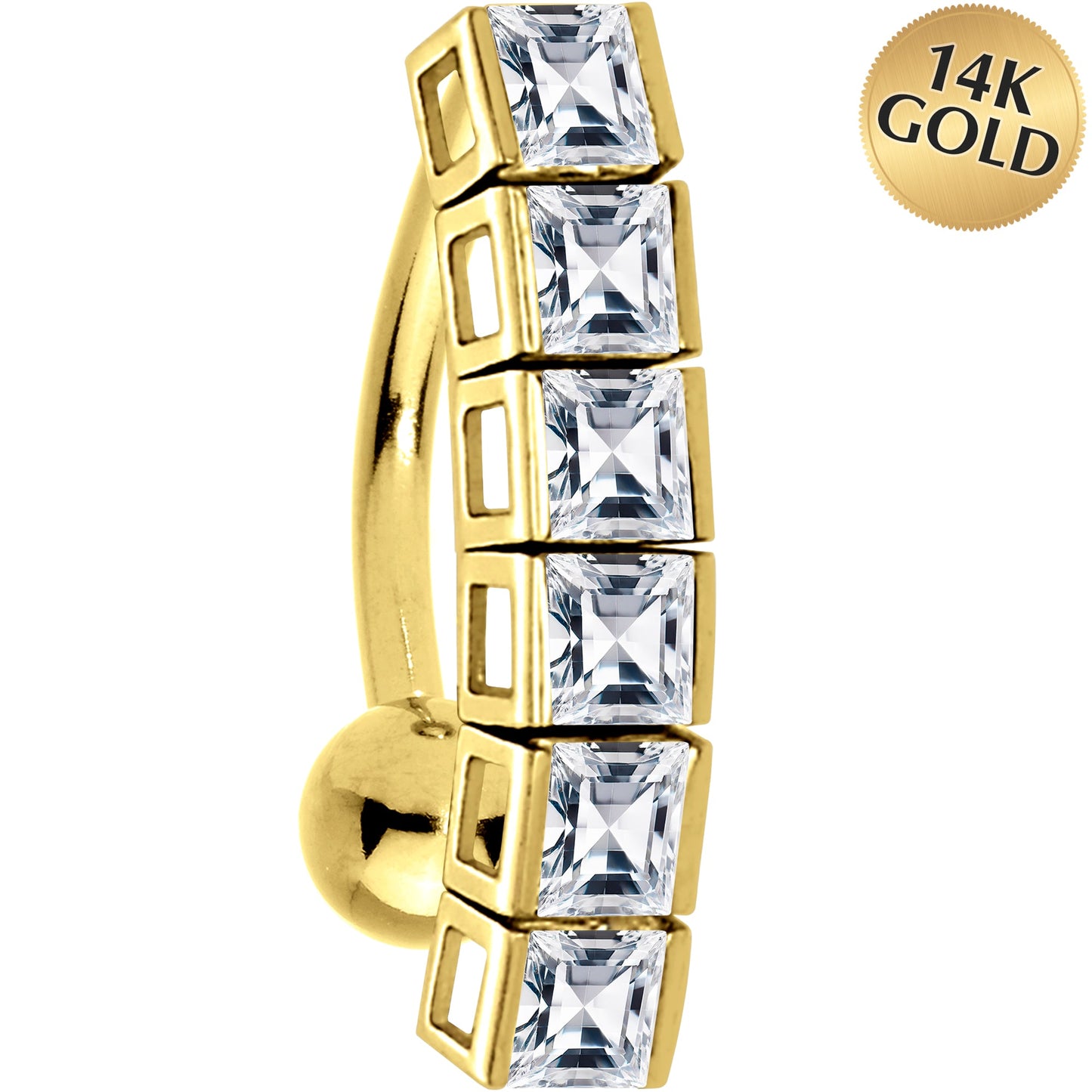 16G Solid 14K Yellow Gold Top Drop Princess Cubic Zirconia Belly Ring