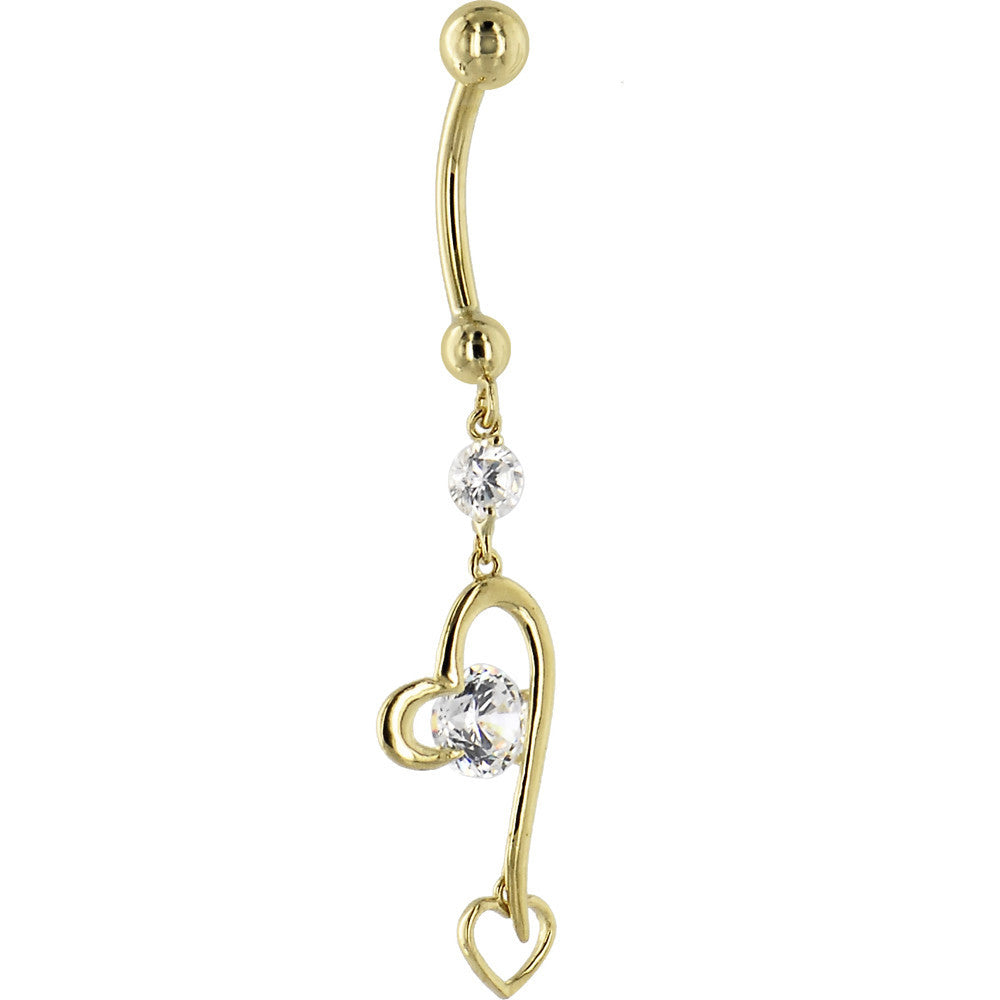 16G Solid 14K Yellow Gold Cubic Zirconia HEART FANTASY Dangle Belly Ring