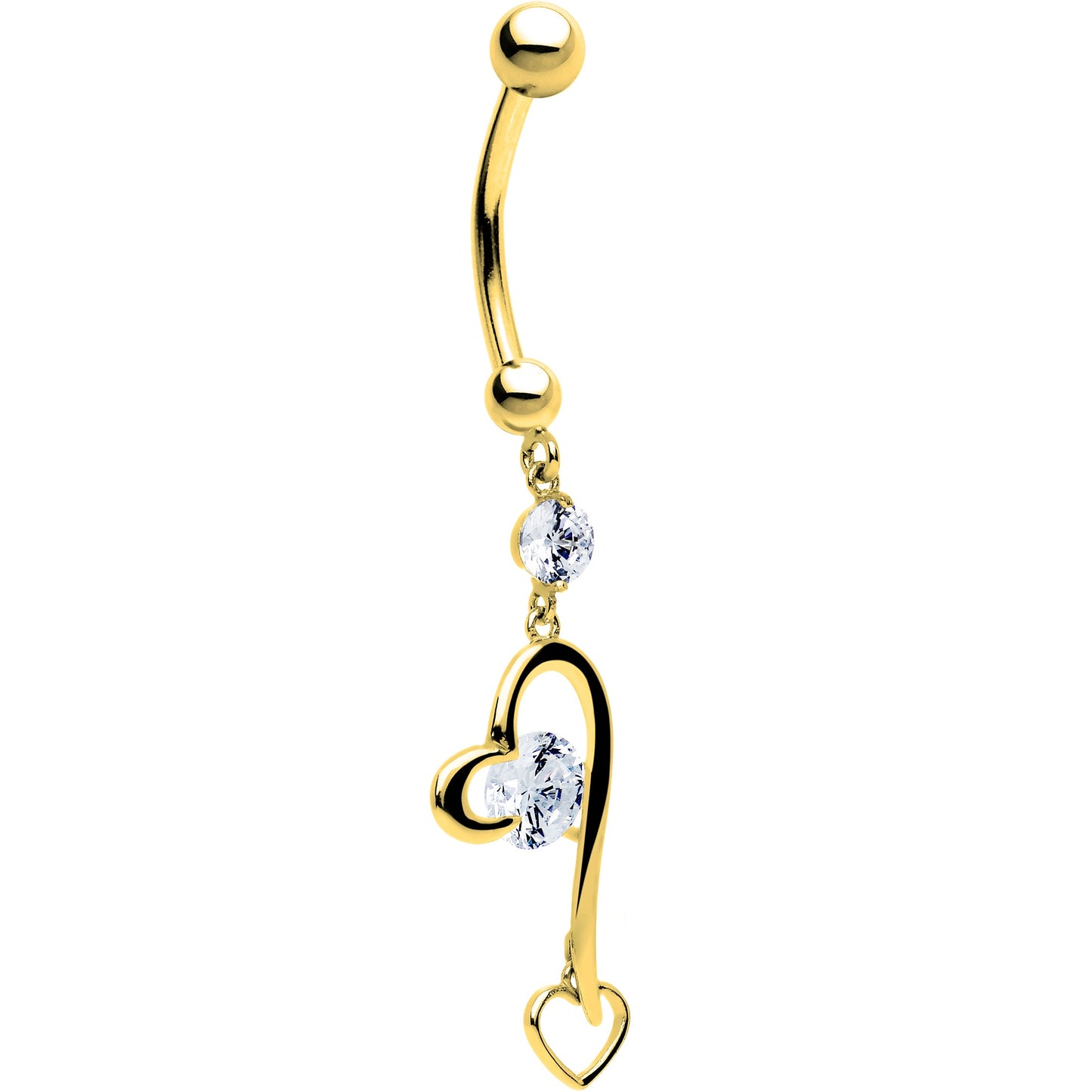 16G Solid 14K Yellow Gold Cubic Zirconia HEART FANTASY Dangle Belly Ring