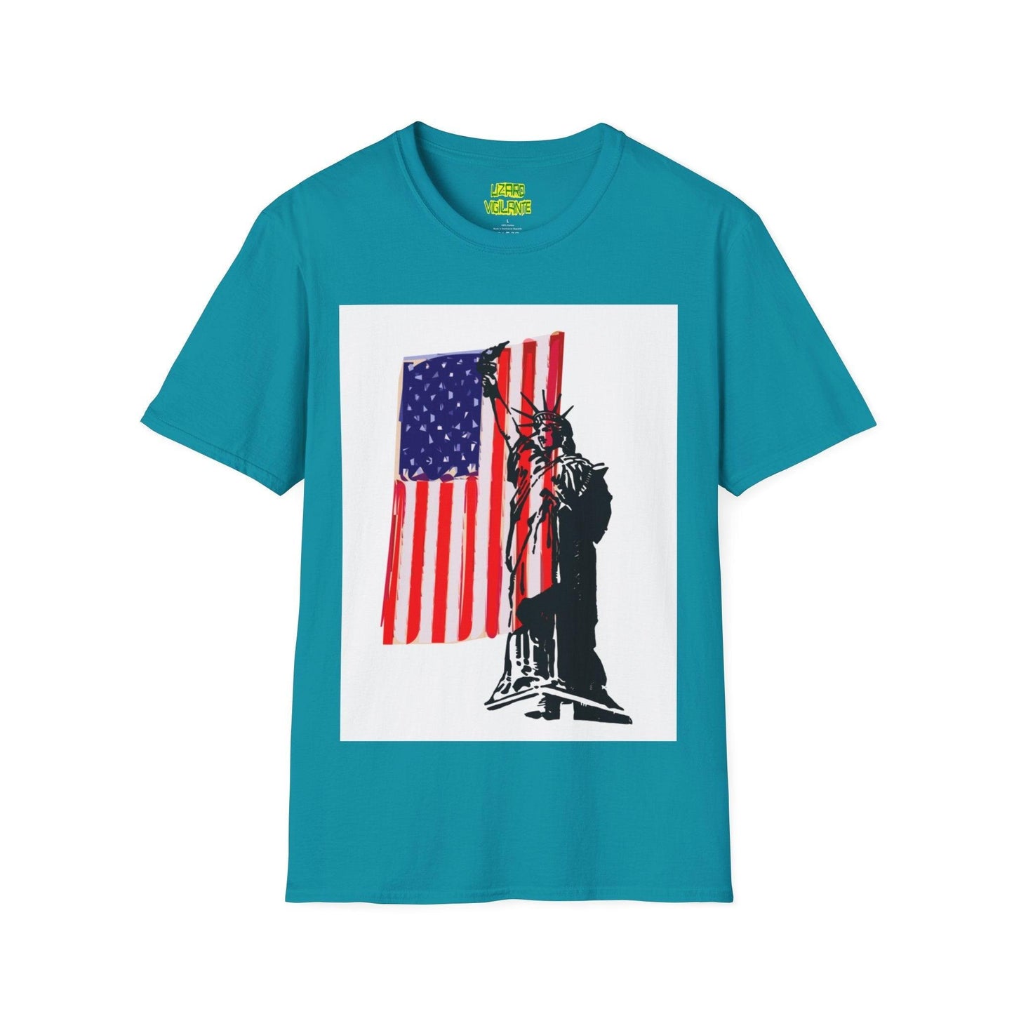 American Flag With Statue of Liberty Graphic Unisex Softstyle T-Shirt - Lizard Vigilante