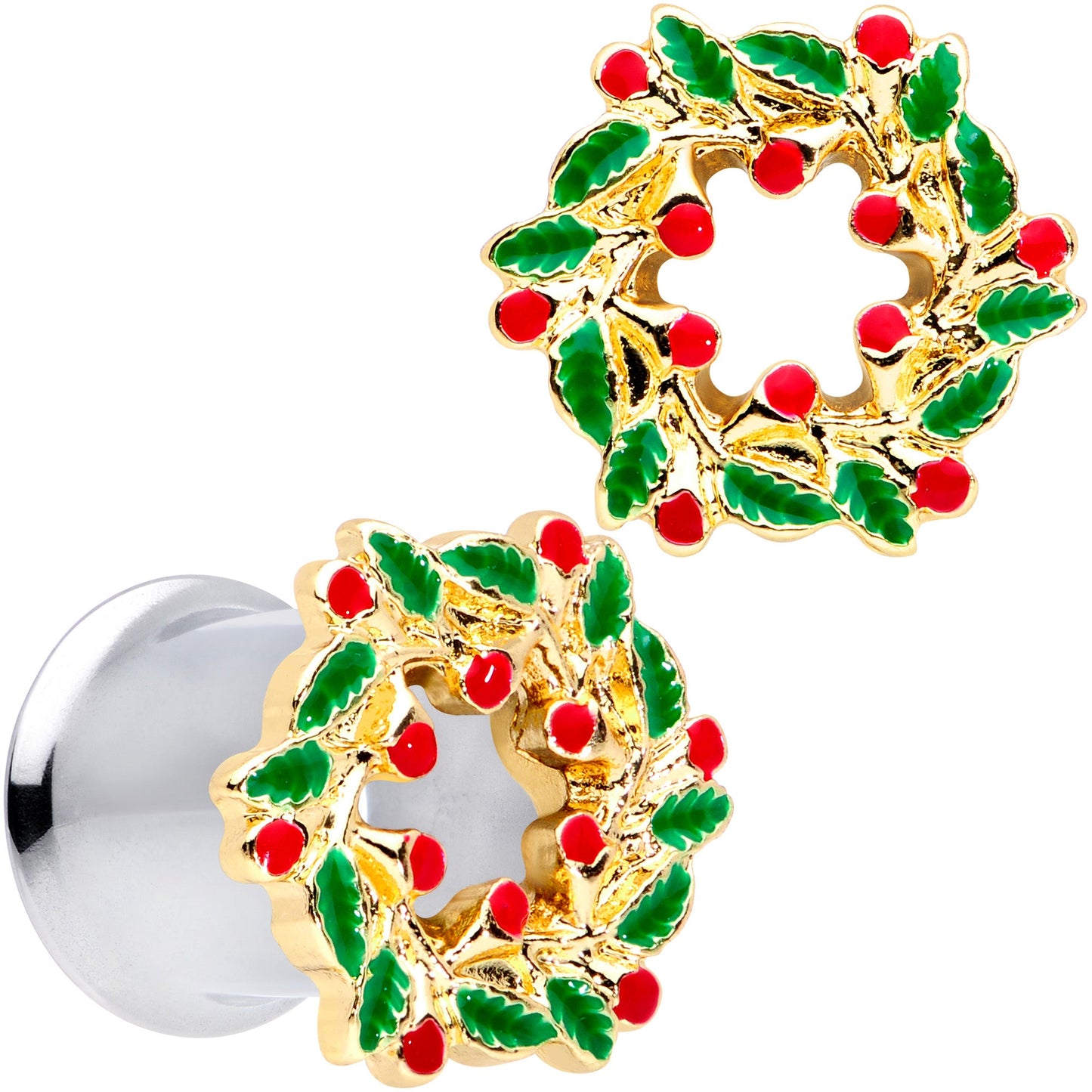 Happy Holiday Wreath Christmas Double Flare Plug Set 4G to 1 Inch
