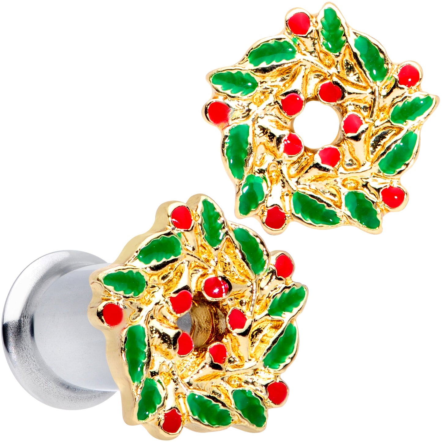 Happy Holiday Wreath Christmas Double Flare Plug Set 4G to 1 Inch