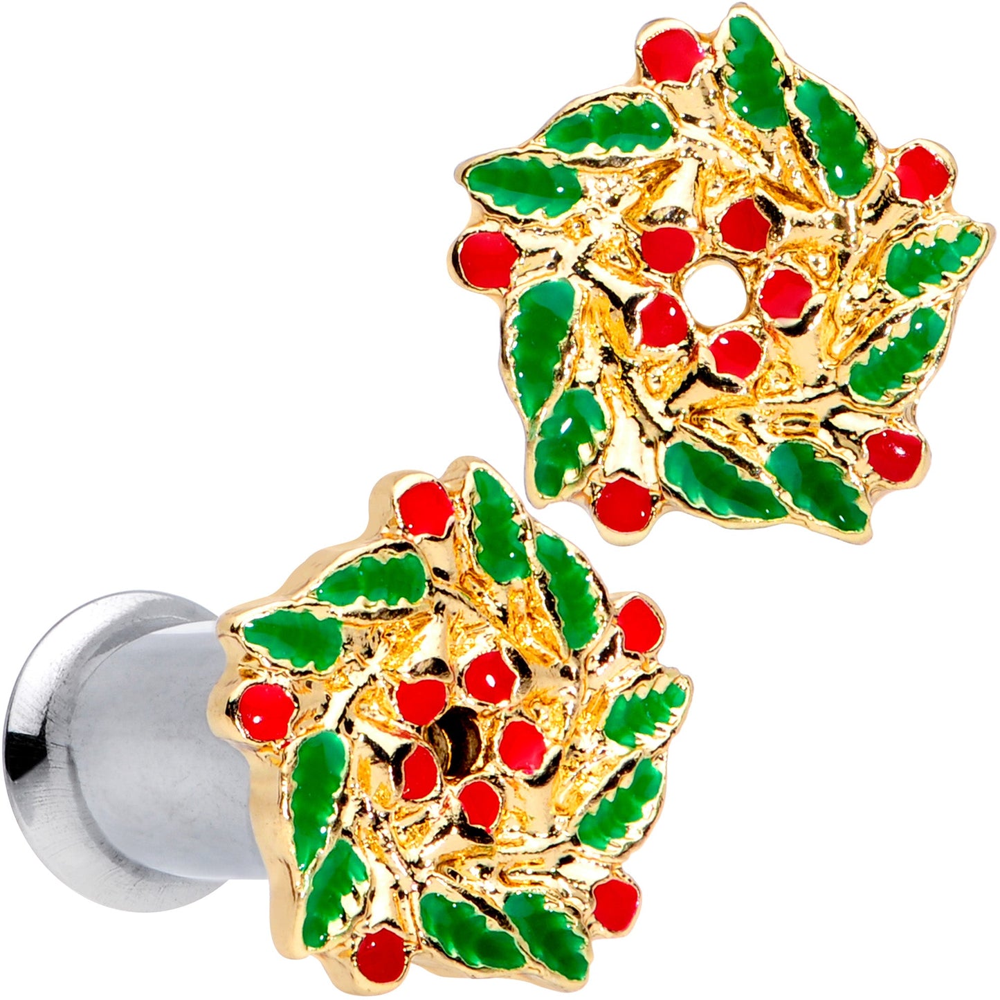 Happy Holiday Wreath Christmas Double Flare Plug Set 4G to 1 Inch