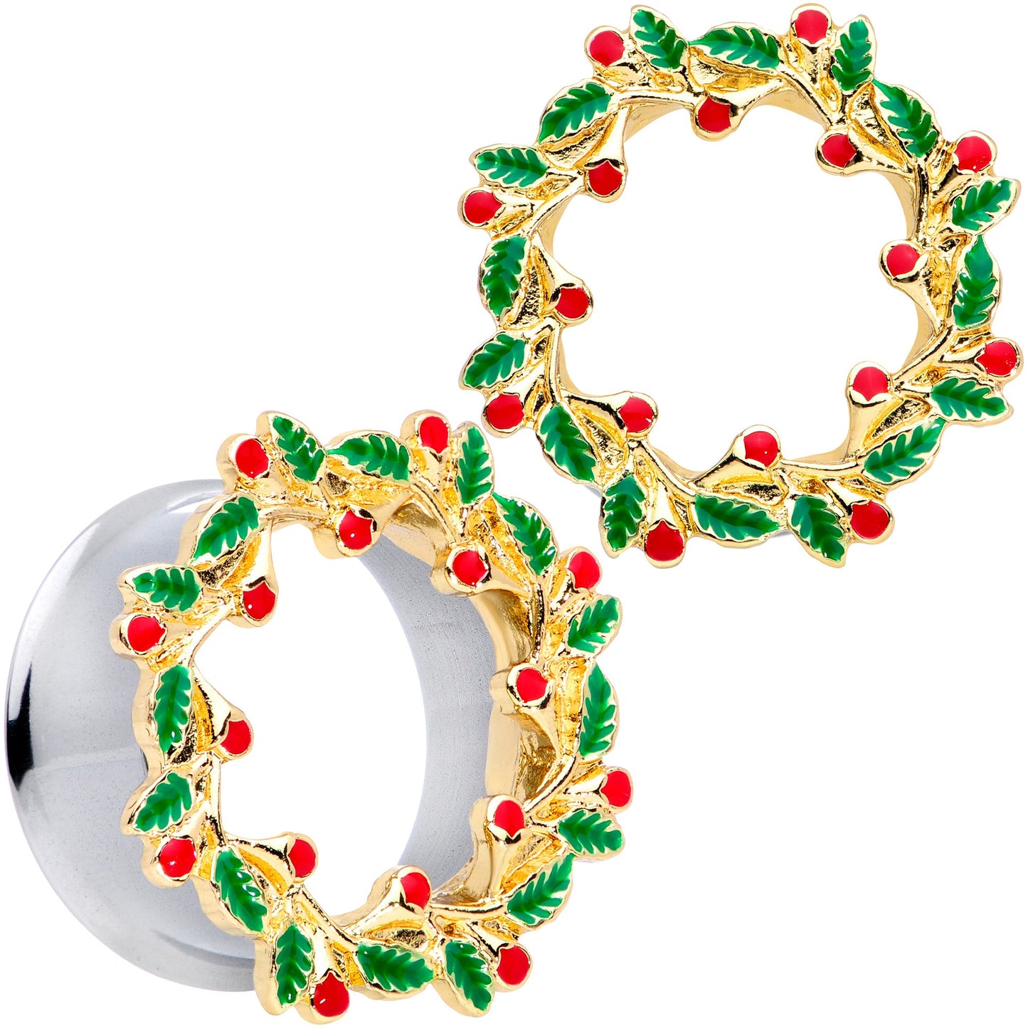 Happy Holiday Wreath Christmas Double Flare Plug Set 4G to 1 Inch