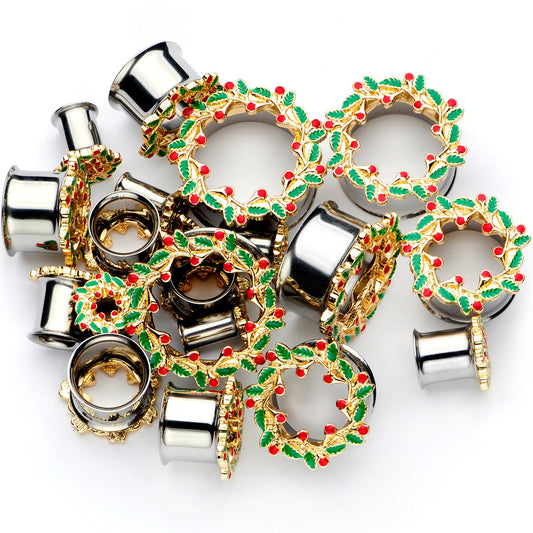 Happy Holiday Wreath Christmas Double Flare Plug Set 4G to 1 Inch