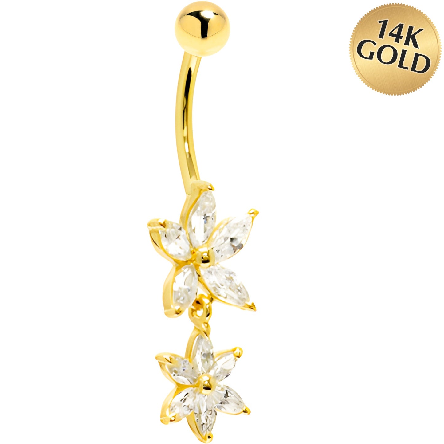 16G Solid 14K Yellow Gold Cubic Zirconia DUAL LILY Dangle Belly Ring