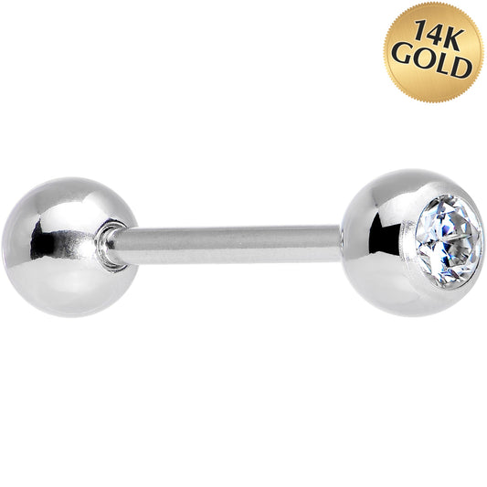 Solid 14k White Gold CZ Solitiare Barbell Tongue Ring 14G 5/8