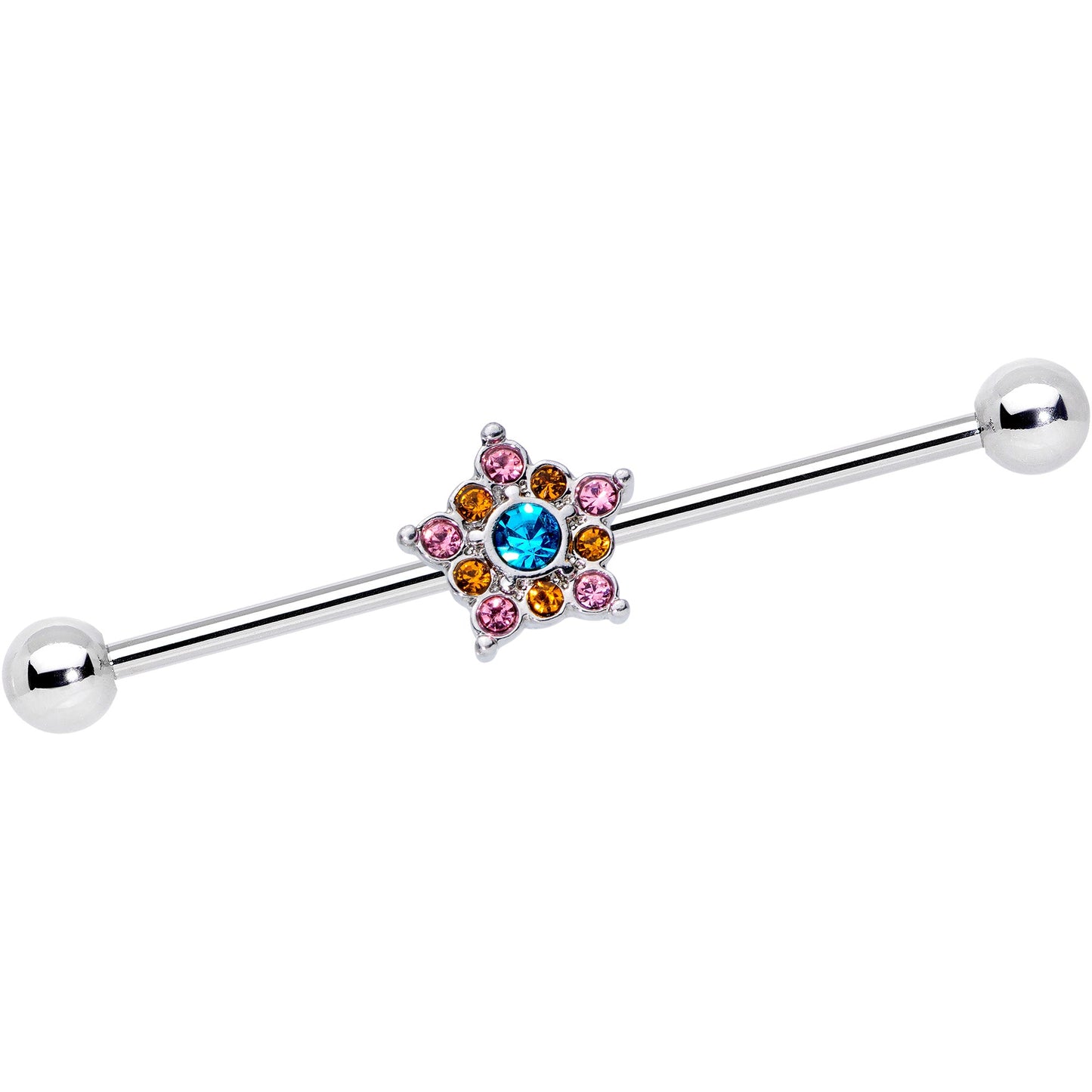 14G Pink Yellow Blue Gem Showy Star Industrial Barbell 38mm