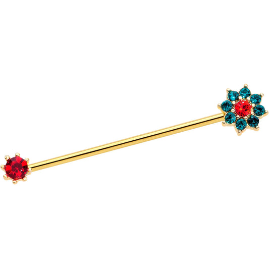 14G Green Red Gem Christmas Flower Industrial Barbell 38mm