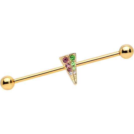 14G Pink Green Gem Gold Tone Triangle Industrial Barbell 38mm