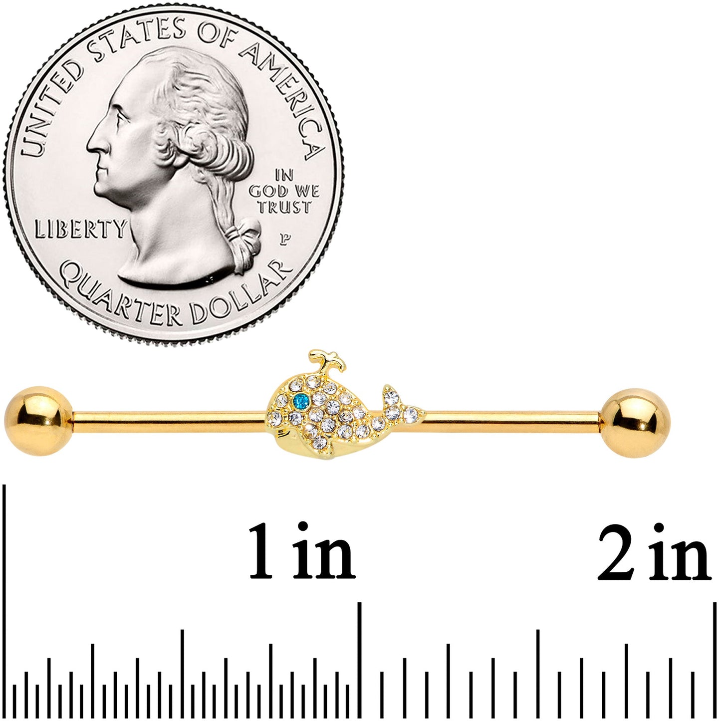 14G Clear Aqua Gem Gold Tone Whale Industrial Barbell 38mm