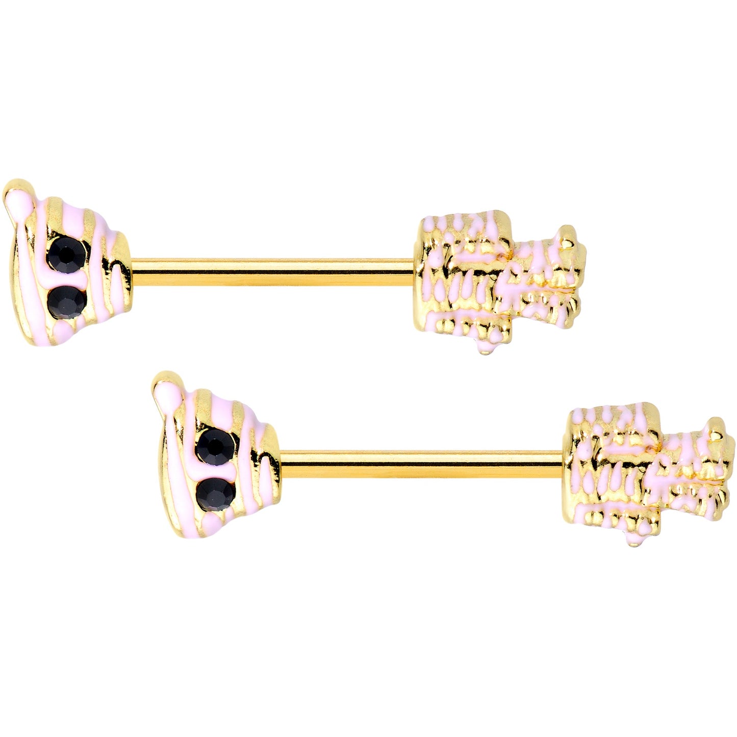 14G 5/8 Black Gem Gold Tone Mummy Halloween Nipple Ring Set