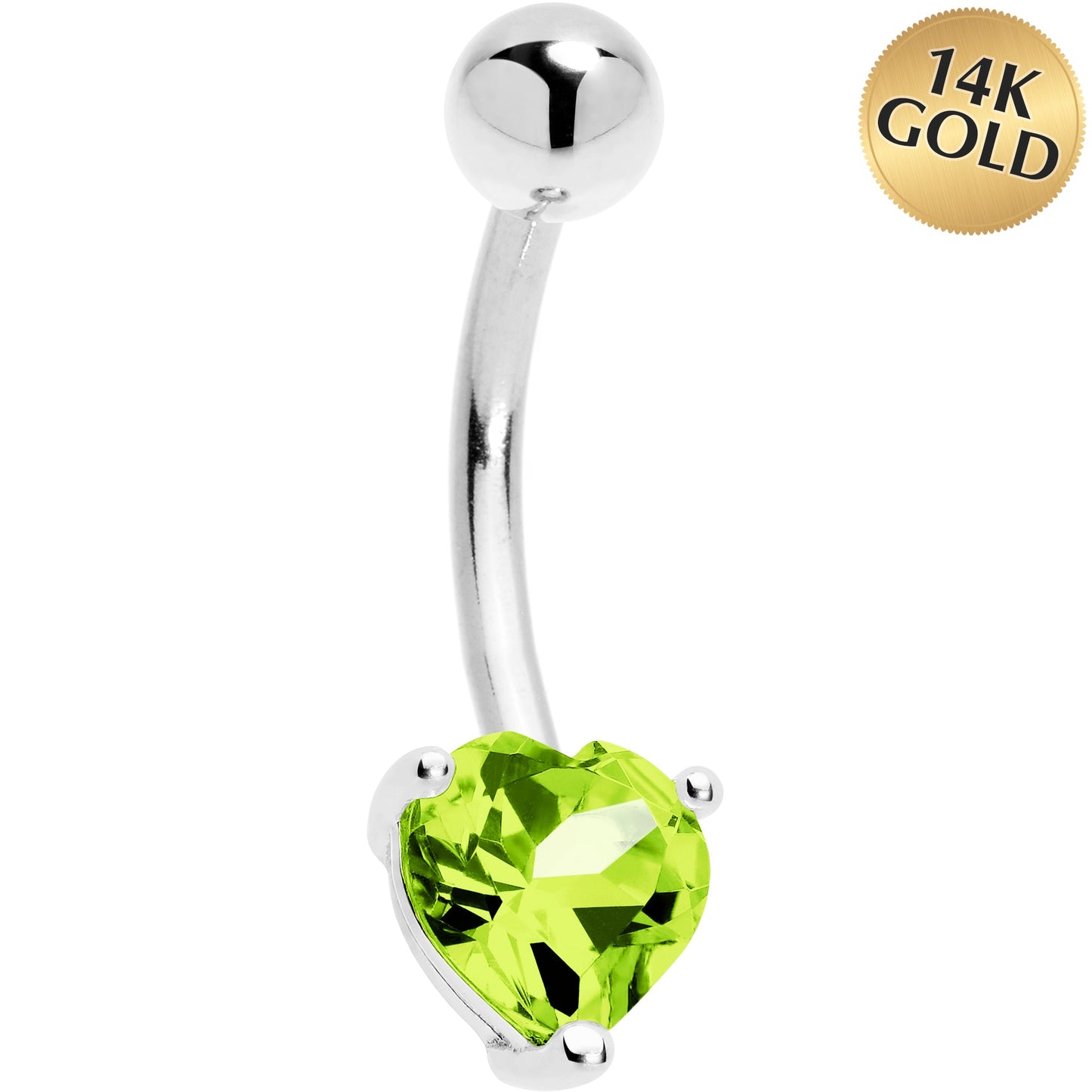 Solid 14K White Gold Genuine Peridot Heart Solitaire Belly Ring