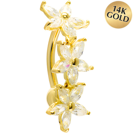 16G Solid 14K Yellow Gold Top Mount Cubic Zirconia Lily Drop Belly Ring