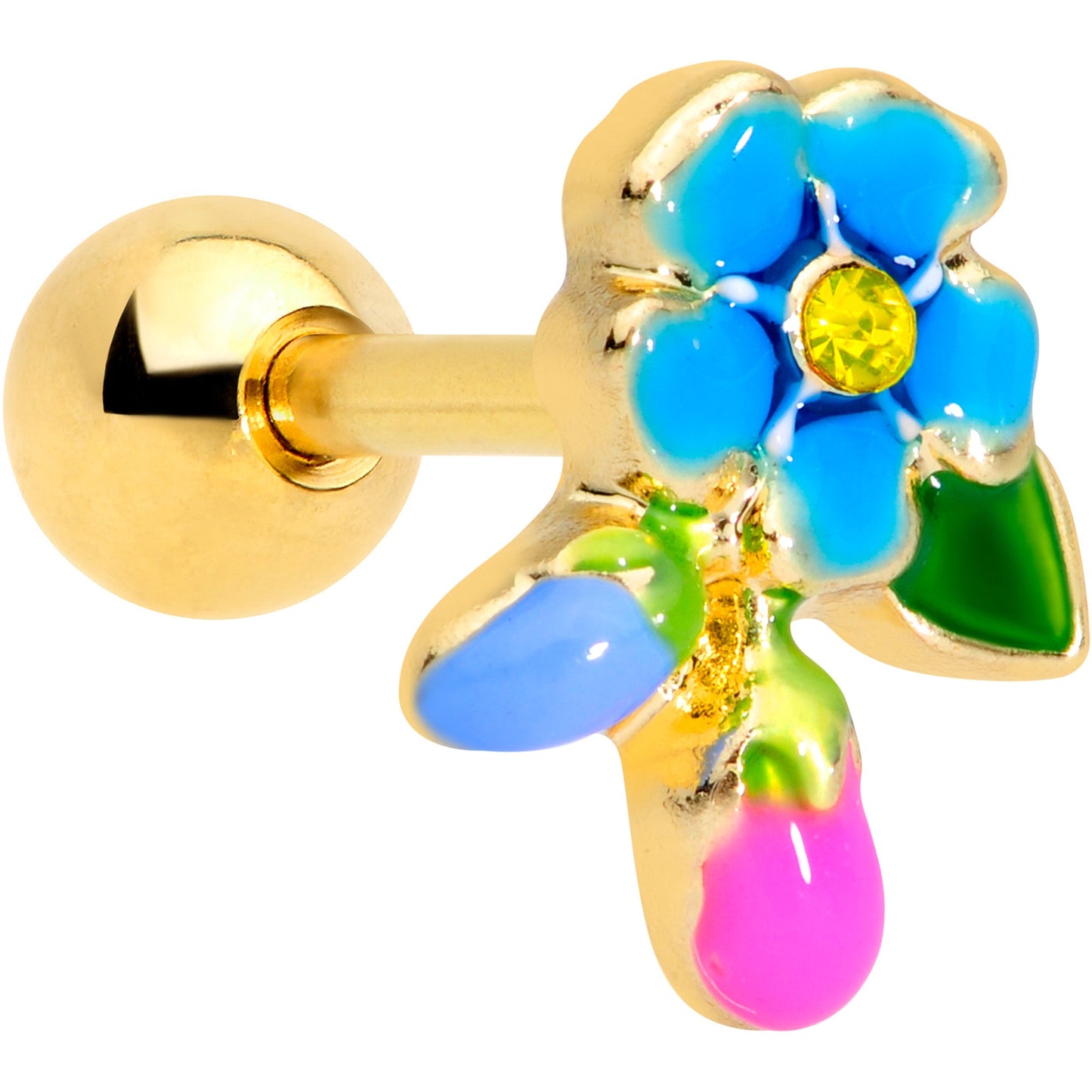 16G 1/4 Yellow Gem Gold Tone Neon Flower Cartilage Tragus