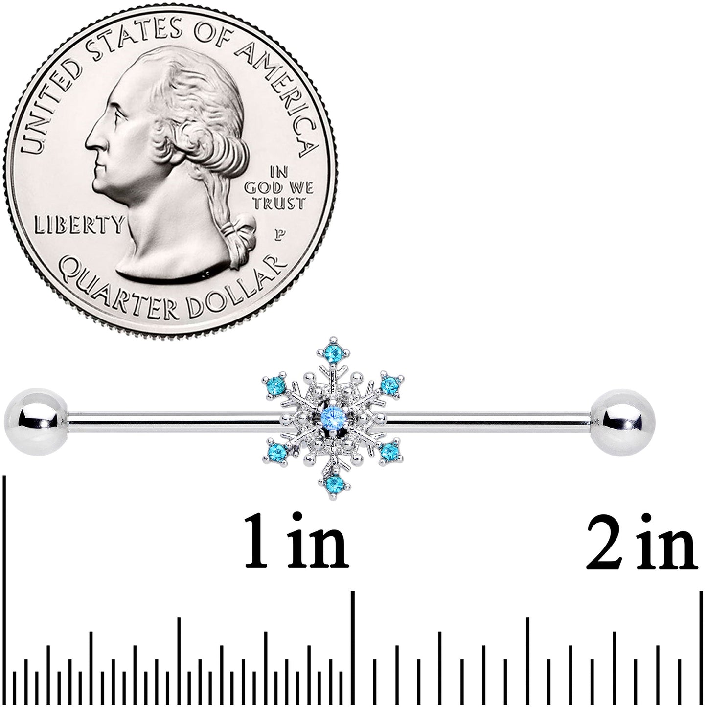 14G Aqua Gem Snowflake Christmas Industrial Barbell 38mm