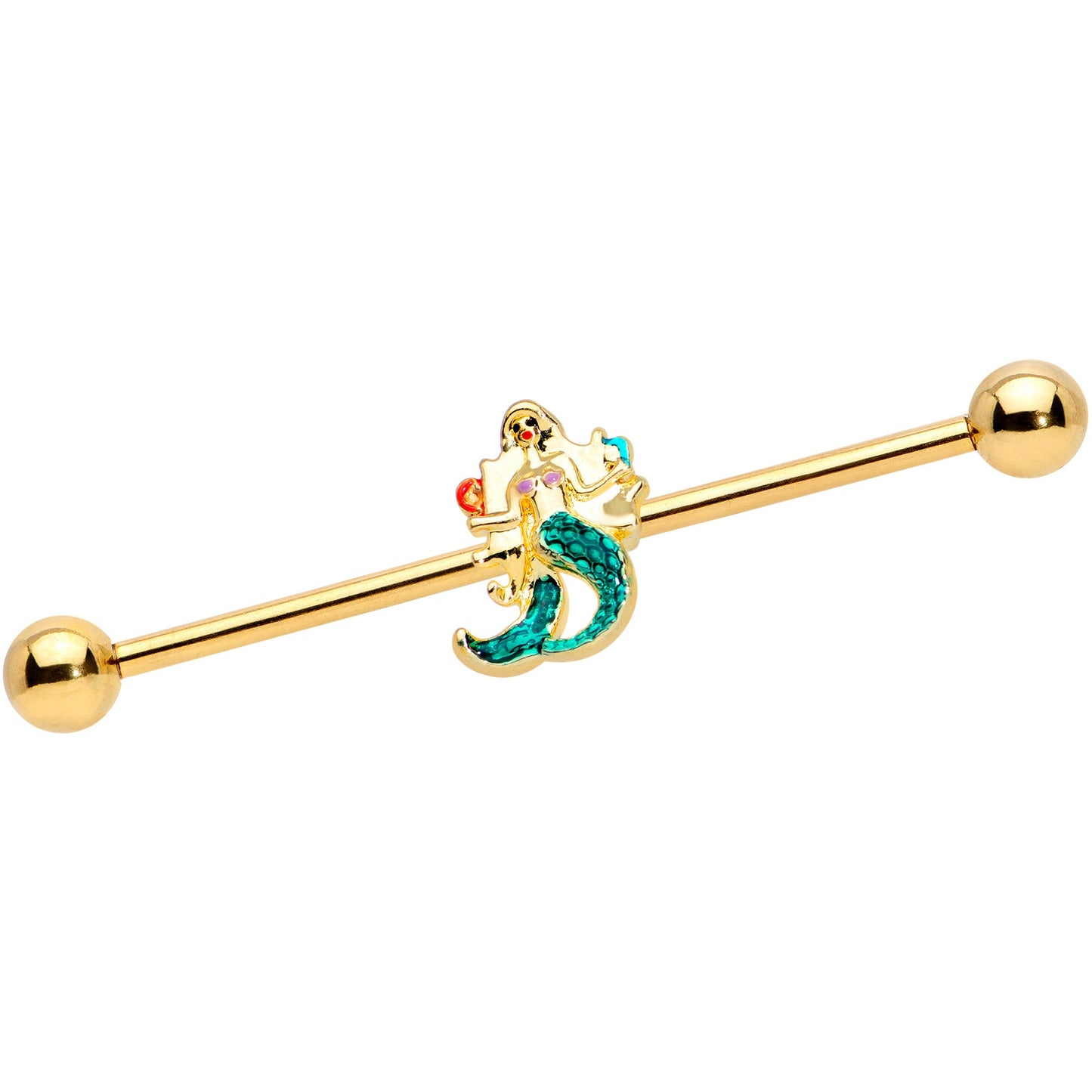 14G Gold Tone Green Mermaid Industrial Barbell 38mm