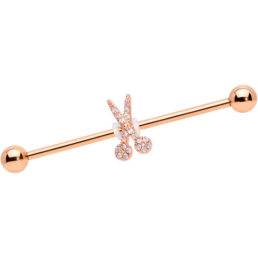 14G Clear CZ Gem Rose Gold Tone Scissors Industrial Barbell 38mm
