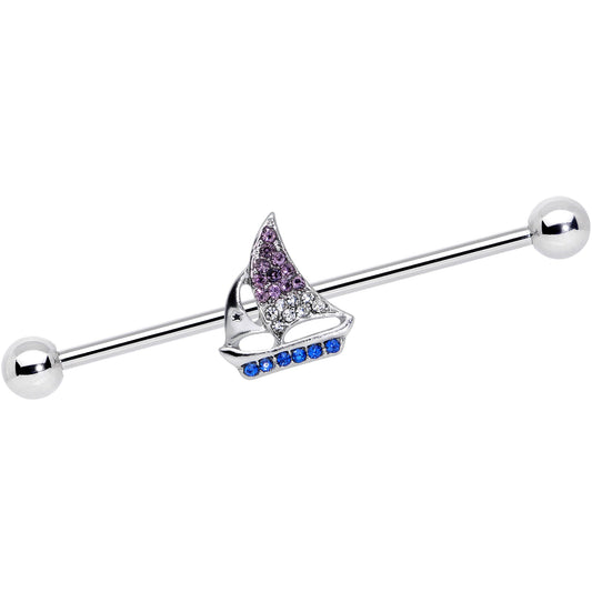 14G Blue Purple Clear Gem Sailboat Industrial Barbell 38mm