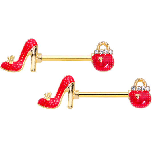 14G 5/8 Clear Gem Gold Tone Purse High Heel Nipple Ring Set