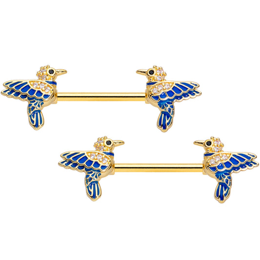 14G 5/8 Clear Gem Gold Tone Blue Bird Barbell Nipple Ring Set