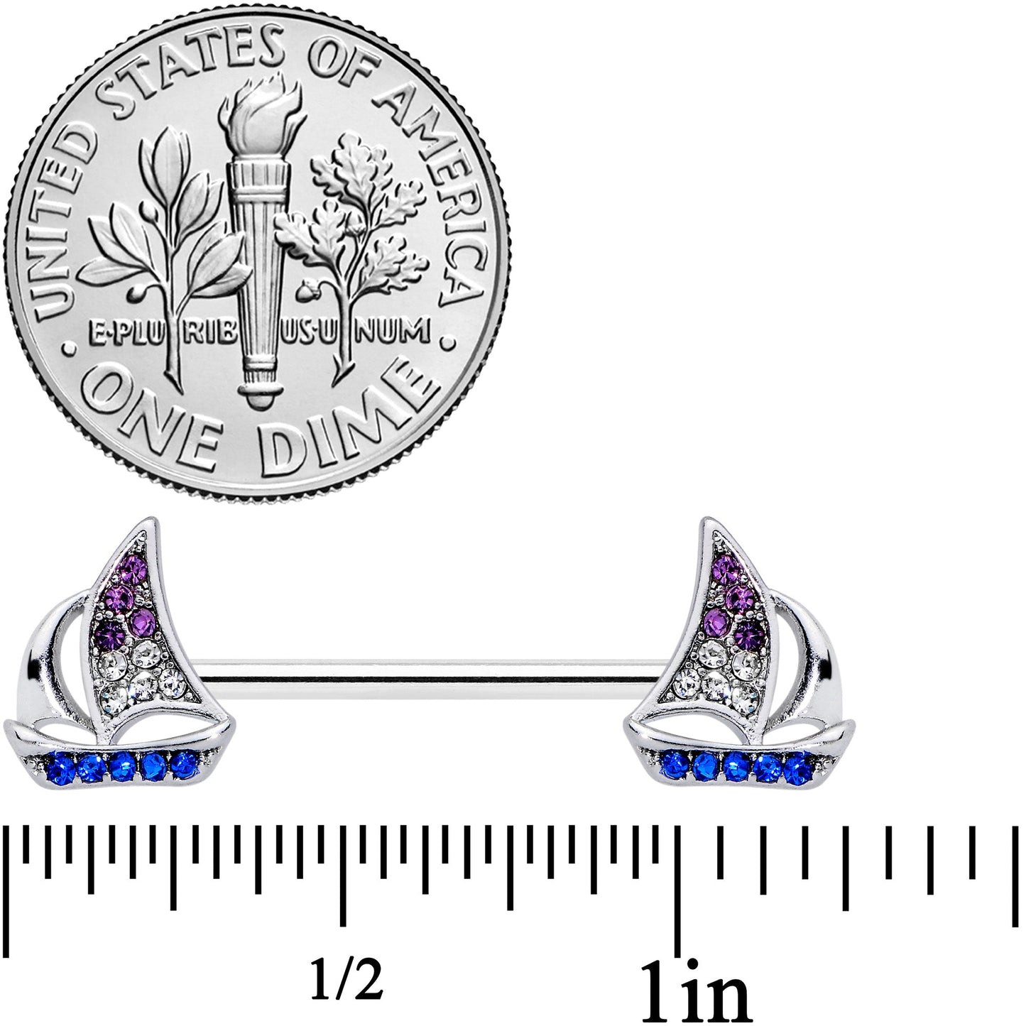 14G 5/8 Blue Purple Clear Gem Sailboat Barbell Nipple Ring Set