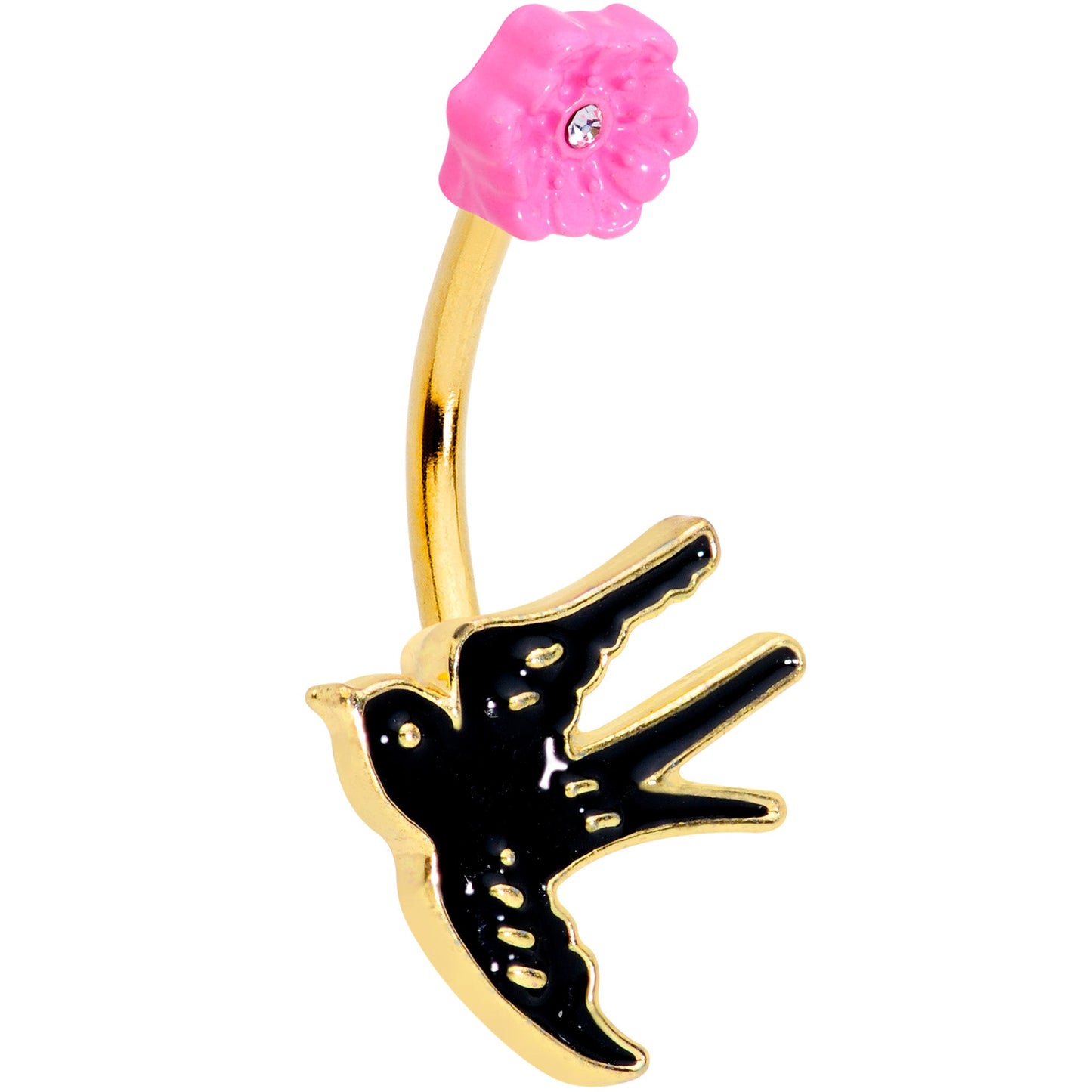 Clear Gem Gold Tone Tattoo Bird Pink Flower Belly Ring