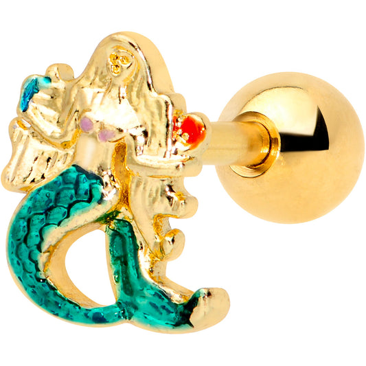 16G 1/4 Gold Tone Green Mermaid Cartilage Tragus Earring