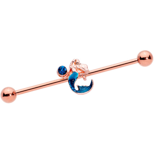 14G Aqua Gem Rose Gold Tone Mermaid Industrial Barbell 38mm
