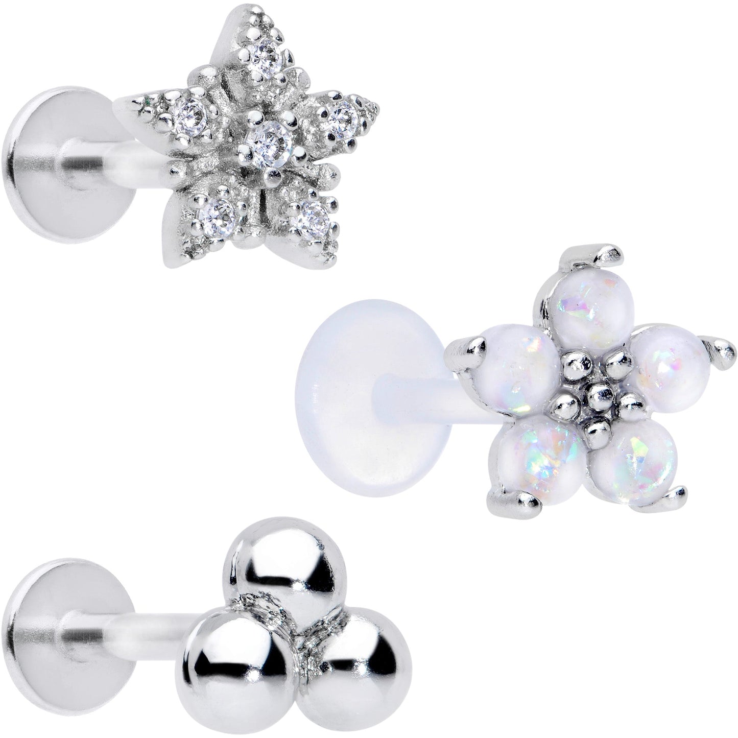 16G 5/16 CZ Gem White Faux Opal Bioplast Labret Tragus Set of 3