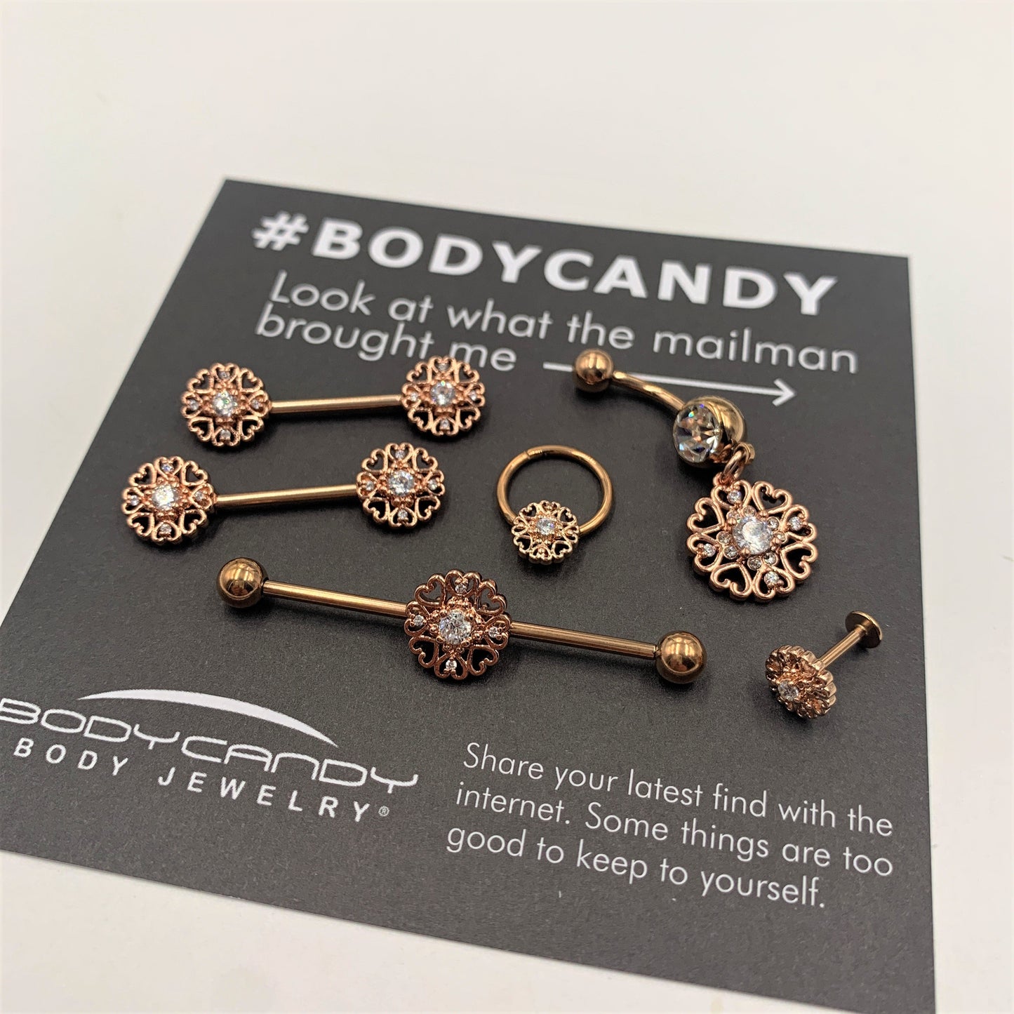 14G Clear CZ Gem Rose Gold Tone Hearts Industrial Barbell 38mm