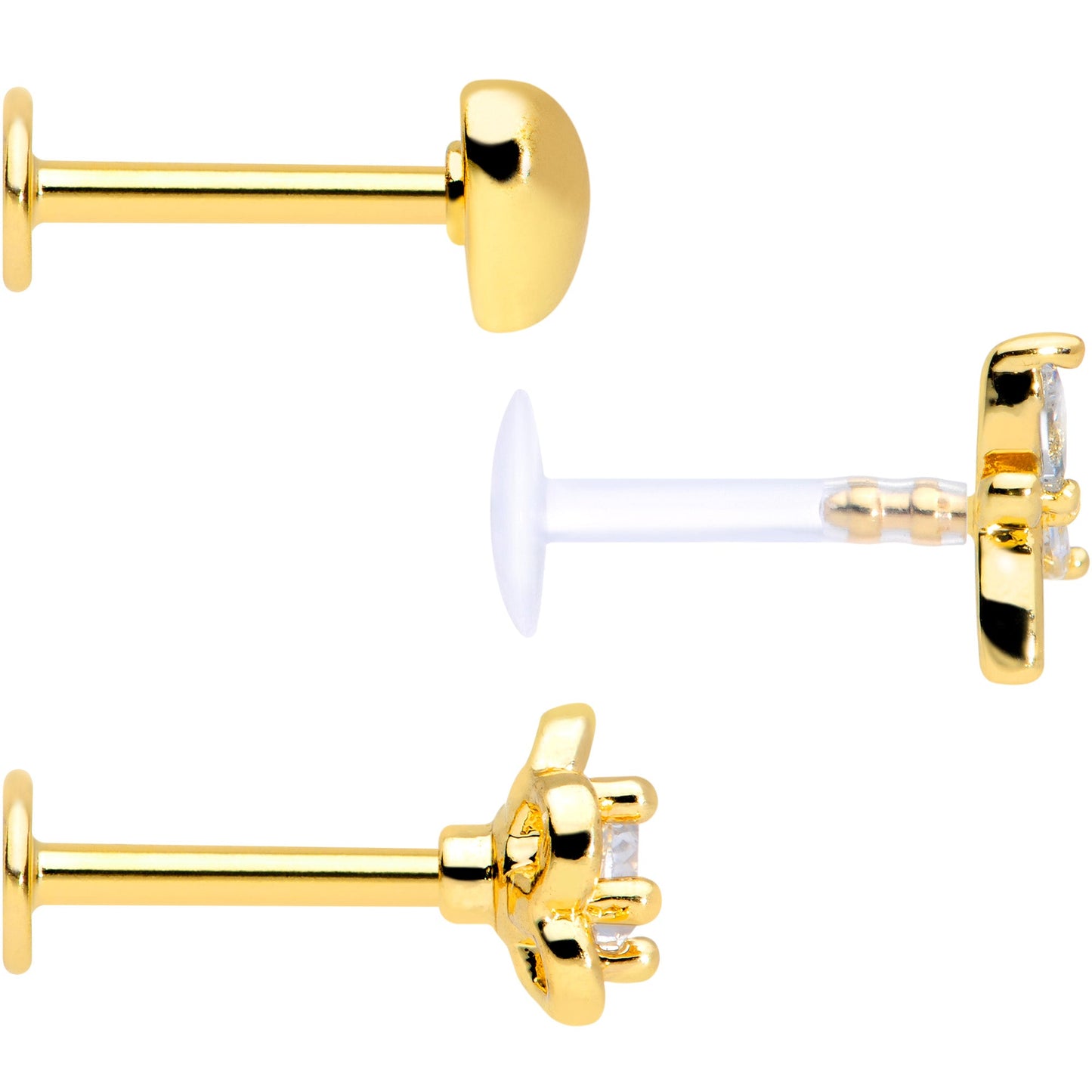 16G 5/16 Clear CZ Gem Gold Tone Heart Labret Tragus Set of 3